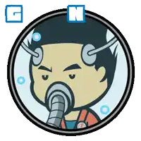 a cartoon of a man in a circle with the letter g and n above him