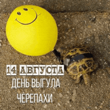 a turtle holding a yellow balloon with a smiley face on it