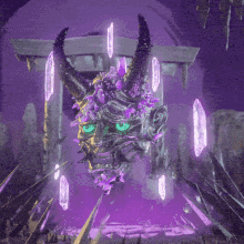 a painting of a monster with horns and purple crystals around it