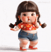 a doll with a surprised look on her face is wearing shorts and a red shirt