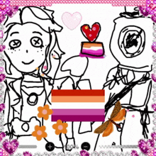 a drawing of two people with flowers and a lesbian flag in the middle