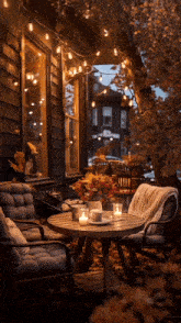 a porch with a table and chairs and candles on it