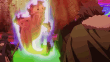 a man in a cape is standing in front of a colorful monster