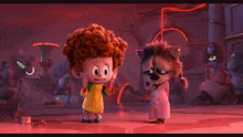 two cartoon characters are standing next to each other on a pink floor