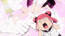 a group of anime girls are posing for a picture with one girl covering her ears with her hands .