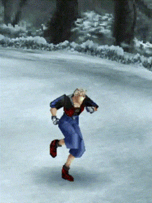 a video game character is running on a snowy surface