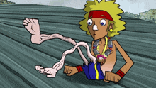 a cartoon character with a red headband has the number 7 on his headband