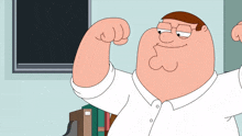 peter griffin from family guy flexes his muscles in front of a blackboard