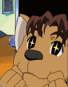a close up of a cartoon character 's face with a star in his eyes