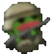a pixel art of a frog wearing a helmet holding a gun .