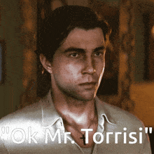 a close up of a man 's face with the words " ok mr. torrisi " below him