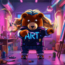 a teddy bear is wearing a sweater that says art