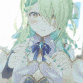 a girl with green hair and blue nails is wearing a white dress