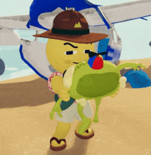 a cartoon character is holding a stuffed animal with the name burg on his hat