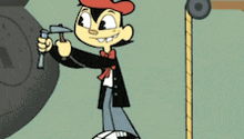 a cartoon character is holding a hammer and a saw