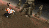 a cartoon character is holding a sword in his hand while standing on the ground .