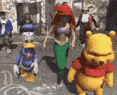 donald duck ariel and winnie the pooh are walking down a street