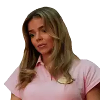 a woman wearing a pink shirt with a name tag that says victoria