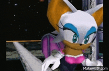 rouge the bat from sonic the hedgehog is wearing a pink top and a pink skirt .