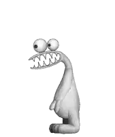 a black and white drawing of a cartoon character with big eyes
