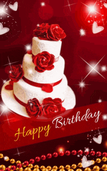 a birthday cake with red roses and the words happy birthday on it
