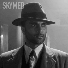 a black and white photo of a man in a suit and fedora with the word skymed behind him