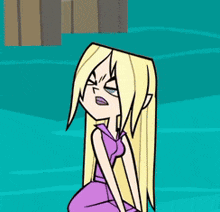 a cartoon girl with blonde hair and a purple dress is sitting in the water
