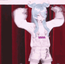 a girl with blue hair and horns is standing in front of a red curtain .