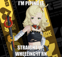 a picture of a girl with a caption that says " i 'm piping it straight up wheeling it rn "