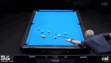 a pool table with a blue cloth that says diamond
