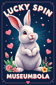 a poster for lucky spin museumbola with a white rabbit
