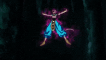 a person is flying through the air in a dark room with a purple background .