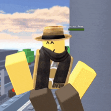 a roblox character wearing a straw hat and scarf has times two written on the bottom of his screen