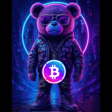 a teddy bear wearing sunglasses and a jacket holds a glowing ball with the letter b on it