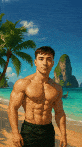a shirtless man is standing on a beach with palm trees