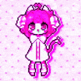 a pixel art of a girl with pink hair and a cat tail standing on a pink background .