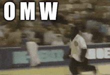 a man running on a basketball court with the word omw written on the bottom
