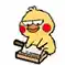 a cartoon chicken is holding a knife and cutting a piece of bread .