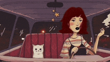 a cartoon of a woman smoking a cigarette while driving a car with a cat in the back seat .