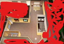 a drawing of a house with a red circle around it