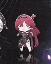 a drawing of a girl with red hair and a purple background