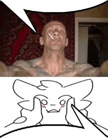 a drawing of a man smoking a cigarette next to a picture of a man taking a selfie