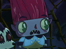a cartoon character with red hair and green eyes is standing next to another cartoon character