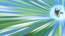 a cartoon character is flying through the air with a blue light behind him