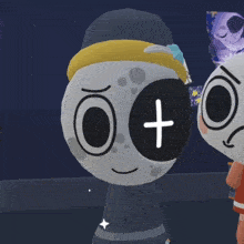 a cartoon character with a cross in his eyes