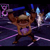 a cartoon character is holding a blue object in a video game