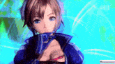 a video game character with a blue jacket and a red ribbon around her waist
