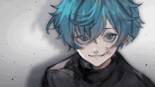 a drawing of a boy with blue hair