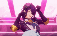 a girl with purple hair and a flower in her hair