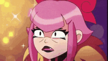 a close up of a cartoon character with pink hair and a red bow on her head .